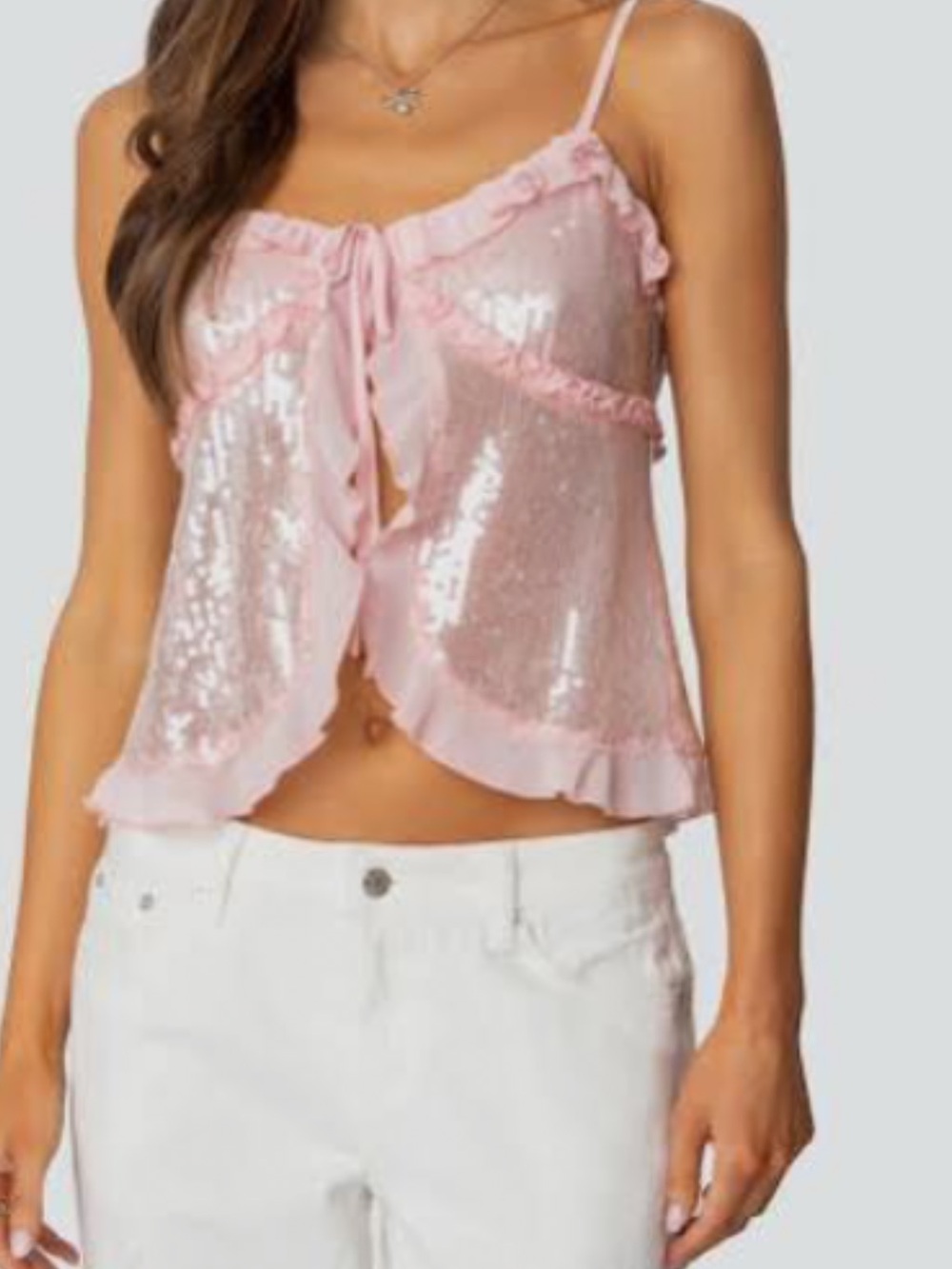 Edikted Pink Sequin Ruffle Tie-Front Camisole